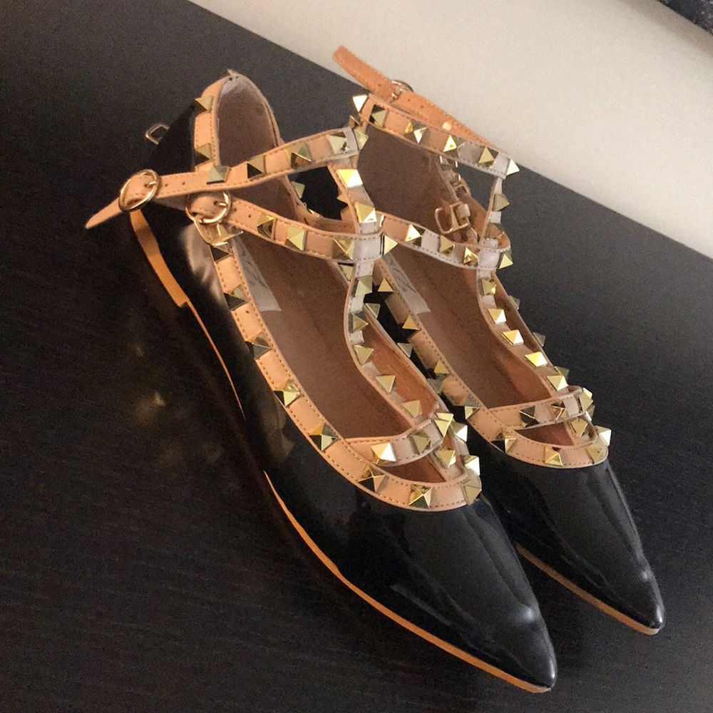 Black studded double strap black ballet flat